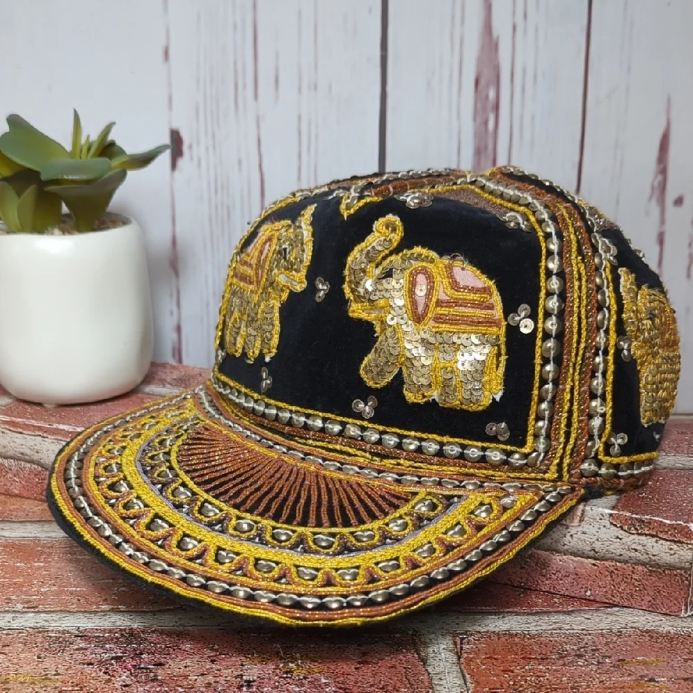 Vtg Kalaga Embroidered Elephant Tapestry Cap Beaded Sequin‎ Black Velvet Mynamar
